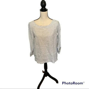 Tahari Linen Pullover Navy White Blouse Top Striped S Split Hem Small NWT